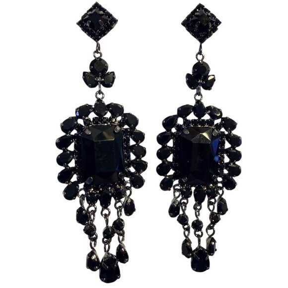 Eisenberg Jewelry - Vintage Eisenberg Ice Black Rhinestone Chandelier Earrings Statement Jewelry